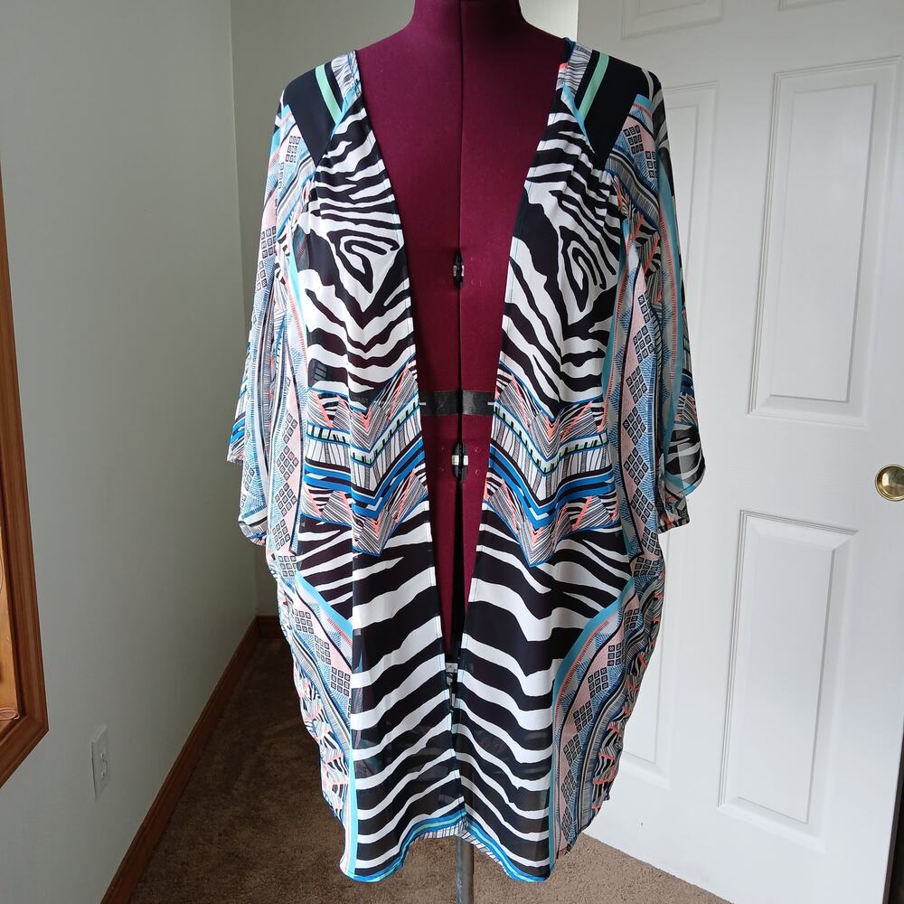 Express Retro Sheer Chiffon Swim Cover Medium oversized tribal neon kimono style - Picture 2 of 11